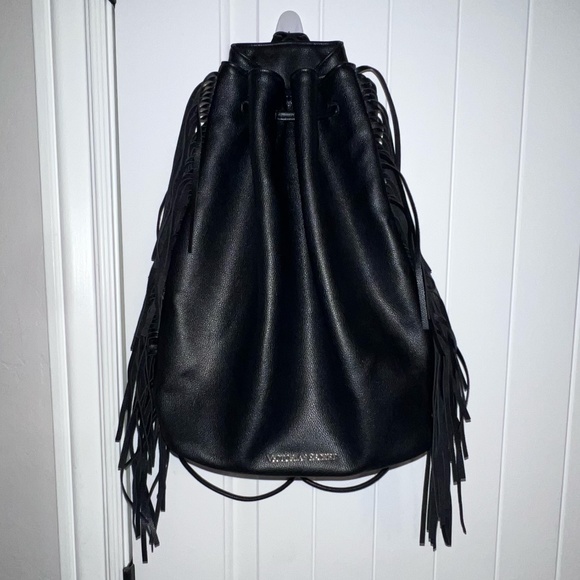 Victoria\'s Secret Fashion Show 2015 Faux Black Leather Drawstring Bag w Fringe
